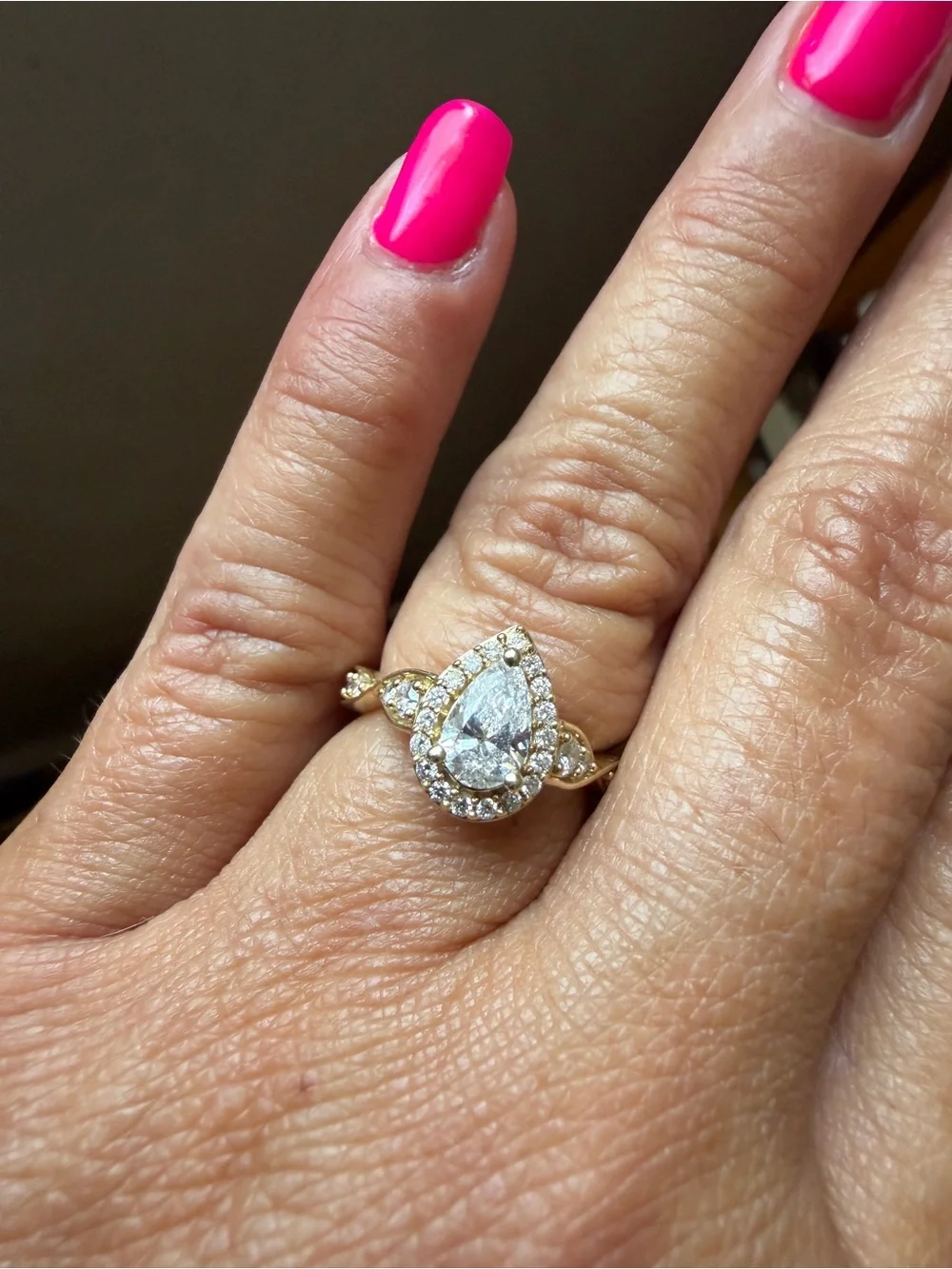 Sparkling Lab grown Gold Pear-Cut Halo Diamond Ring in 10k Gold